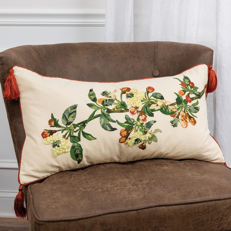 Red Botanical Cotton Four Corner Tassels Throw Pillow