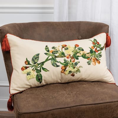 Red Botanical Cotton Four Corner Tassels Throw Pillow