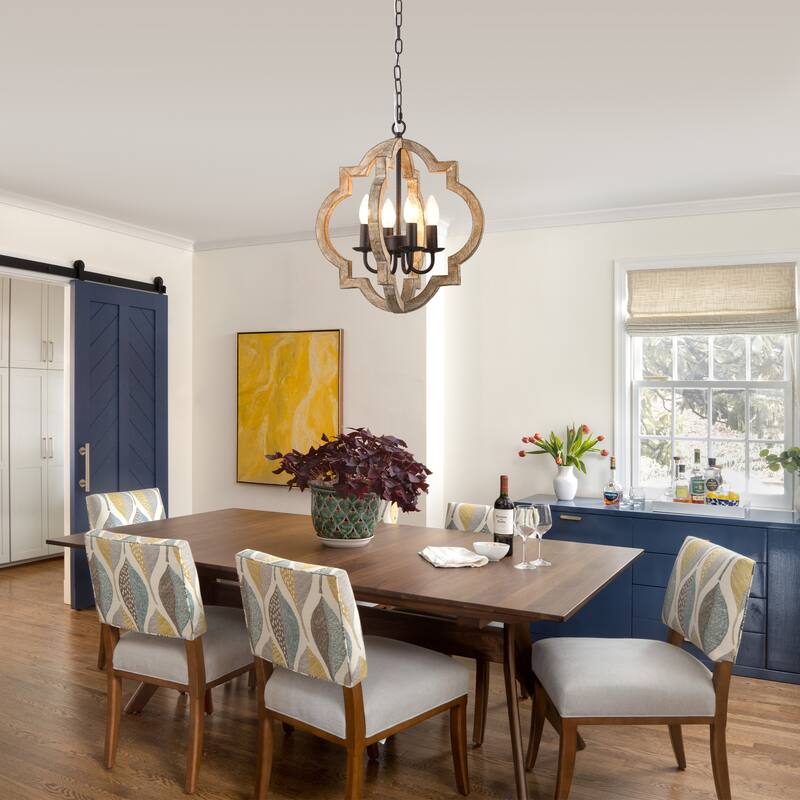 Cusp Barn 4-Light Wood Farmhouse Chandelier, Rustic Dining Room Light Fixture Over Table, Vintage Hanging Pendant Light