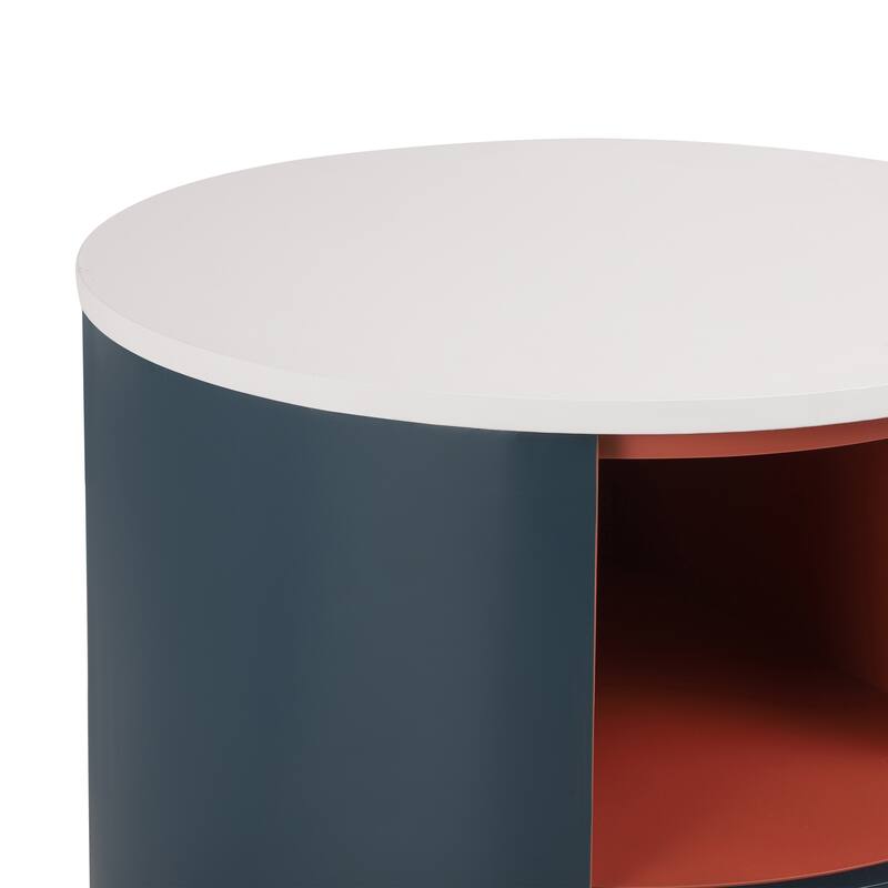Modern Round Nightstand with Storage Drawer, Sofa End Table with Open Storage Shelf, Bedside Table with Curved Design