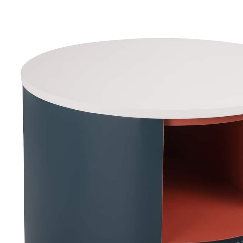 Round Nightstand with Drawer & Open Shelf, Nightstand with Leather Handle & Tapered Legs, Large Capacity Sofa Side Table