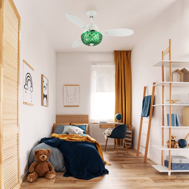 Izzy River of Goods 3-blade 42-inch Modern Indoor Ceiling Fan with Green Hand-Cut Glass Shade and Remote Control