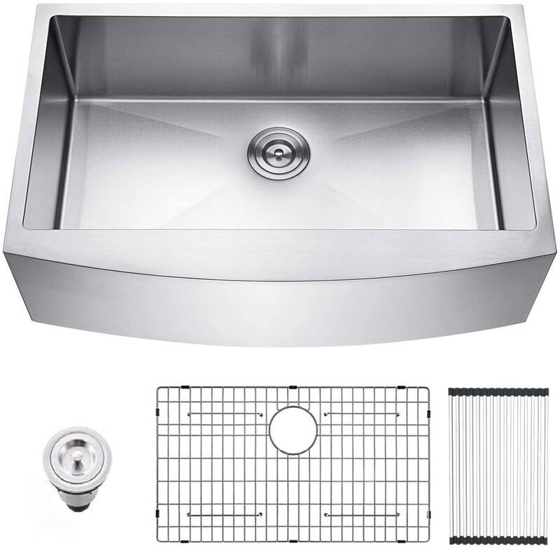 Single Bowl Farmhouse Apron Kitchen Sink with Bottom Grid and Basket Strainer