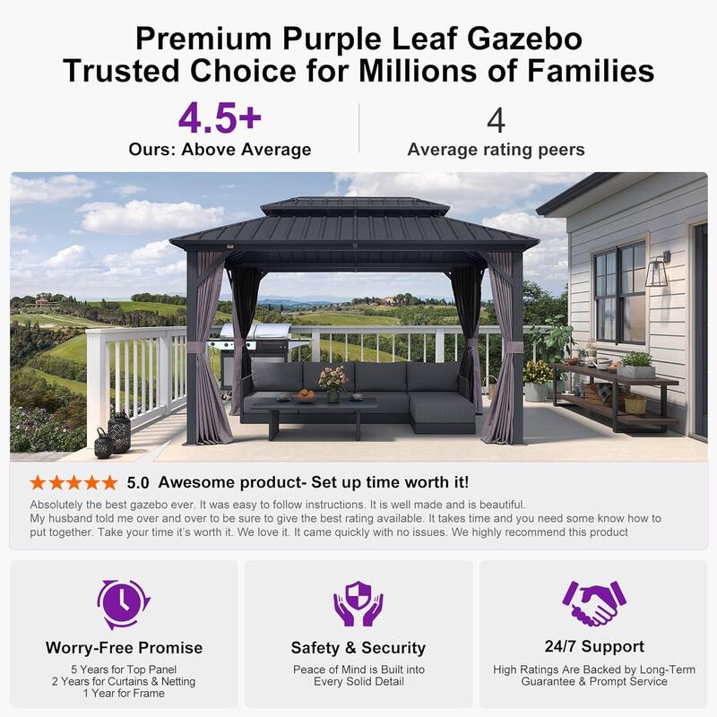 PURPLE LEAF Gazebo Grey Outdoor with Dual-Layer Galvanized Steel Double Roof Aluminum Gazebo with Netting and Curtains