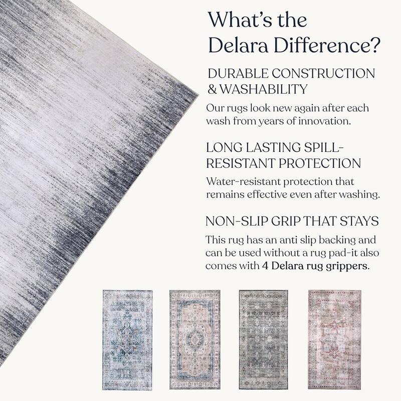 Delara Machine Washable Area Rug, Soft & Durable, Non-Slip Backing, Eco- Friendly GRS certified.