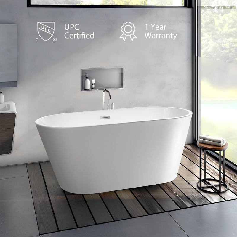 Vanity Art 59" Non-Slip Acrylic Freestanding Soaking Bathtub with Overflow & Pop-up Drain