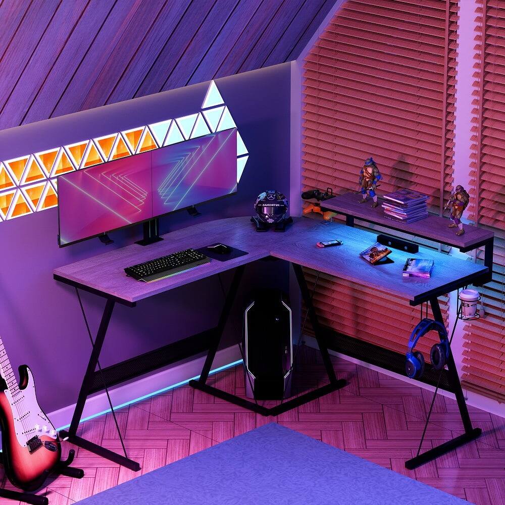 51 inch L-Shaped Gaming Computer Desk with Monitor Stand Black Carbon Fiber