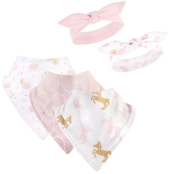 slide 1 of 1, Yoga Sprout Baby Girl Cotton Bandana Bibs and Headbands 5pk, Unicorn, One Size - Unicorn - One Size