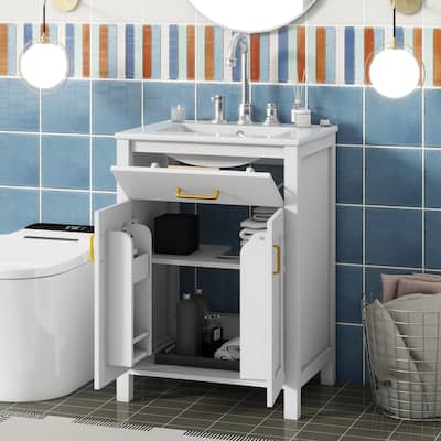 24 in. W Freestanding Bathroom Vanity with White Ceramic Sink and Two Doors