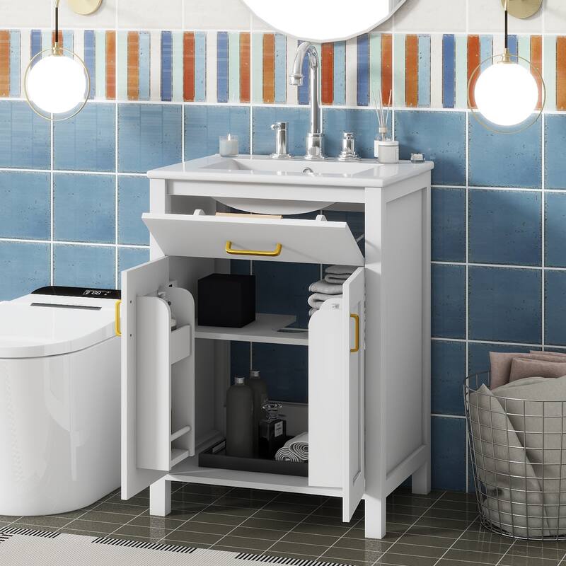 Luxurious 24-Inch Bathroom Vanity with Undermount Ceramic Sink, MDF Cabinet, Golden Handles & Adjustable Shelf - Gold+White