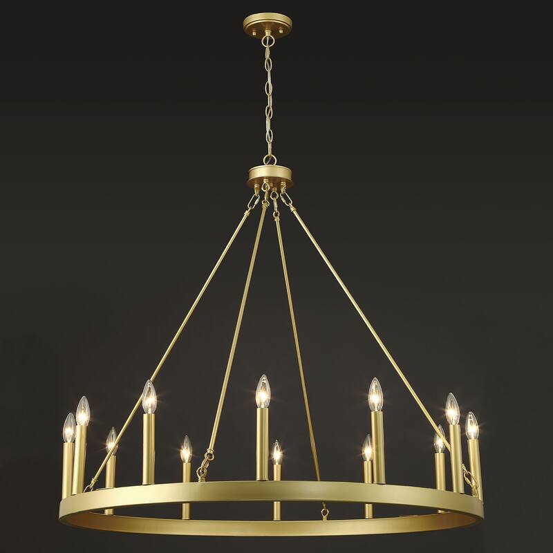 Mid-century Modern 12-light French Country Gold Candle Wagon Wheel Chandelier - 40'' D x 138'' H
