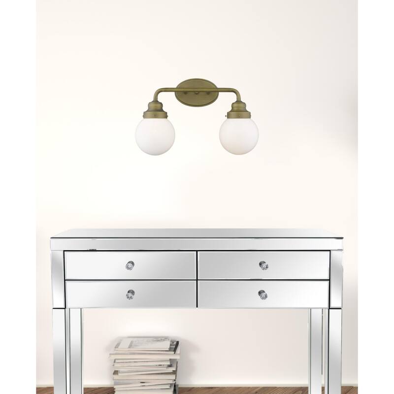 LED Compatible Gold Wall Sconce 2-Light Steel Fixture with White Clear Glass Shades and Damp Rated - 11.75" H x 18" W x 6.75" D