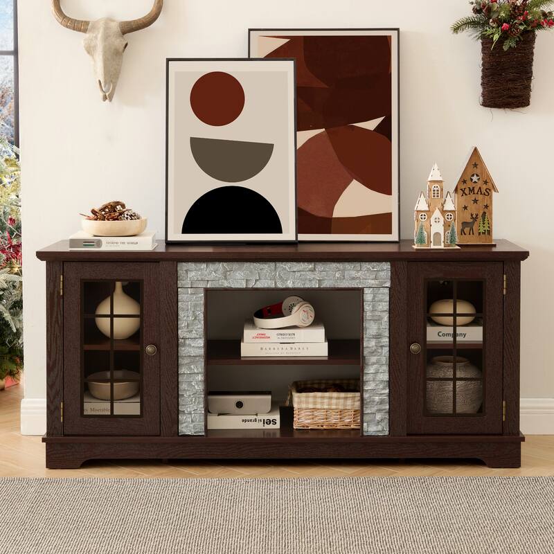 Modern TV Stand, Faux Stone Media Console Cabinet, Entertainment Center with 2-Door Storage, for Living Room, Cherry