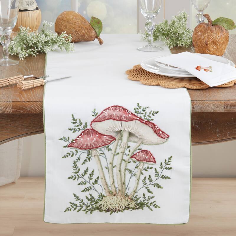 Mushroom Embroidered Table Runner - Decorative Non-Reversible Lined Table Runner for Dining Table, 16"x72"