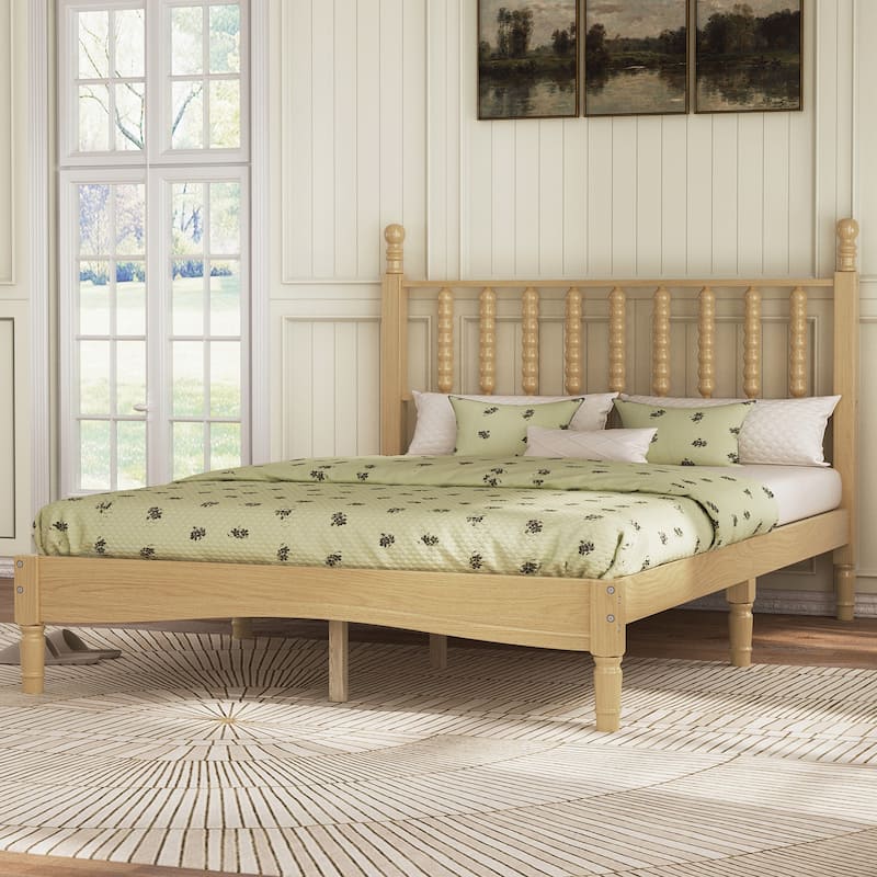 Walnut Platform Bed Mid Century Concise Bed Frame with Wood Slats and Multi-Center Support Legs, Gourd Shaped Headboard