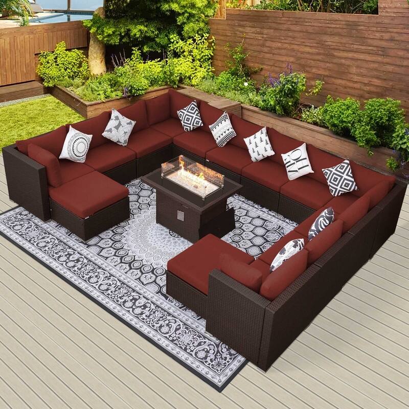 FINCATI Outdoor Wicker Patio Furniture Conversation Sectional Sofa Set - 15 PCS - Burgundy