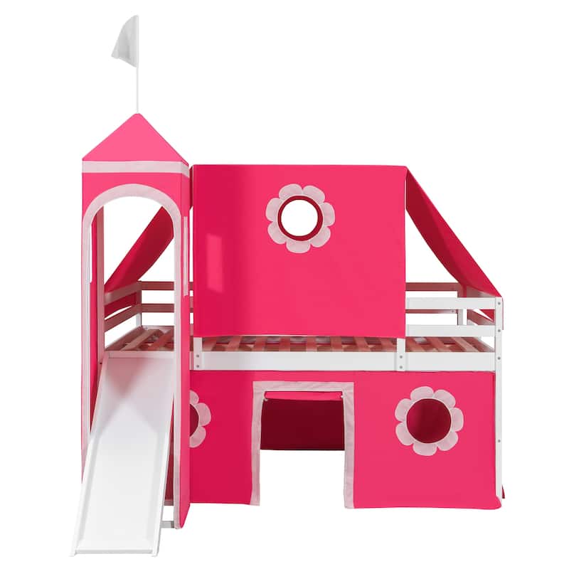 Kids Loft Bed Bed Castle-Shaped Bunk Bed with Slide and Safety Guardrail, Playhouse Bed with Tent & Tower Decor for Kids