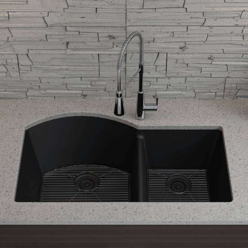 Lexicon Platinum Quartz 32 Inch 70/30 Double Bowl Kitchen Sink with Bottom Grids and Strainers and Disposal Flange