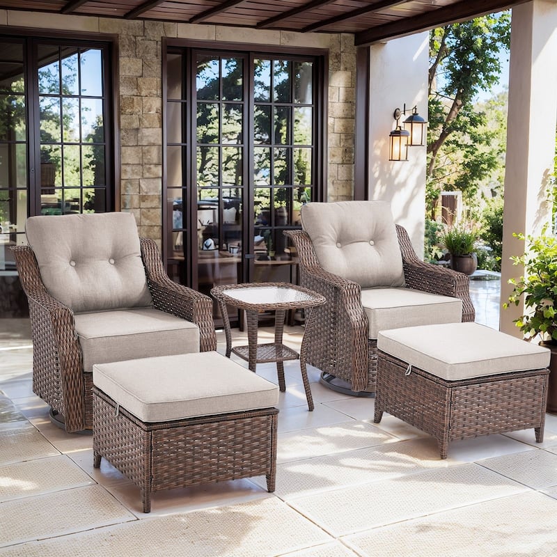 3 Pieces Swivel Chairs Ottomans with Table - Beige Cushion - Brown - Beige - Brown