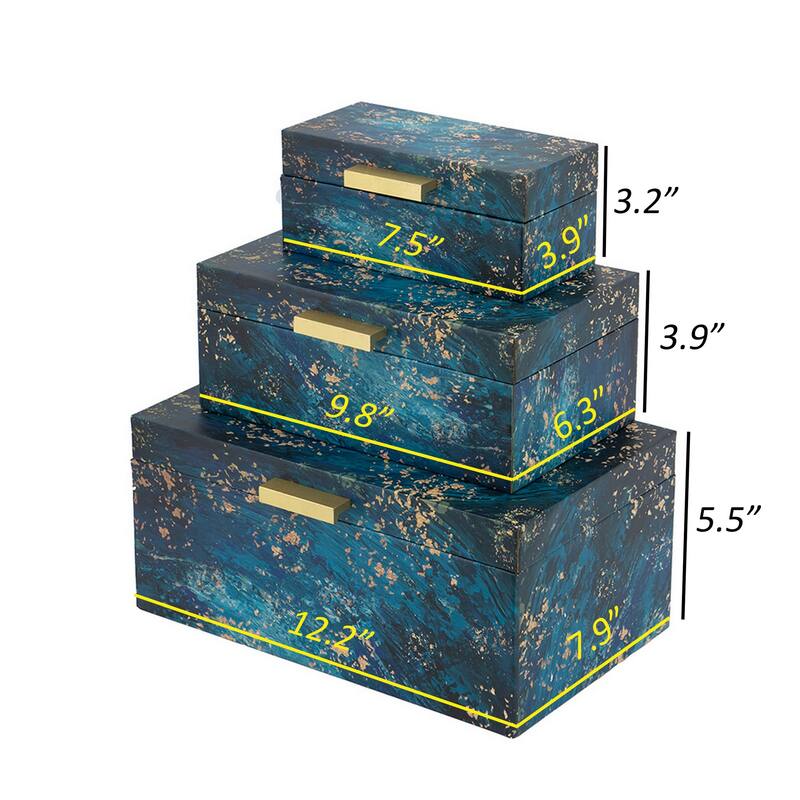 Set of 3 Decorative Rectangular Storage Boxes, Gold Handles, Blue Design