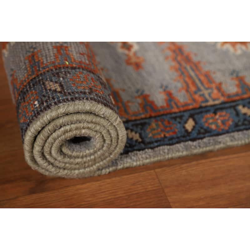 Geometric Viss Indian Runner Rug Handmade Gray Wool Carpet - 2'6"x 9'7"