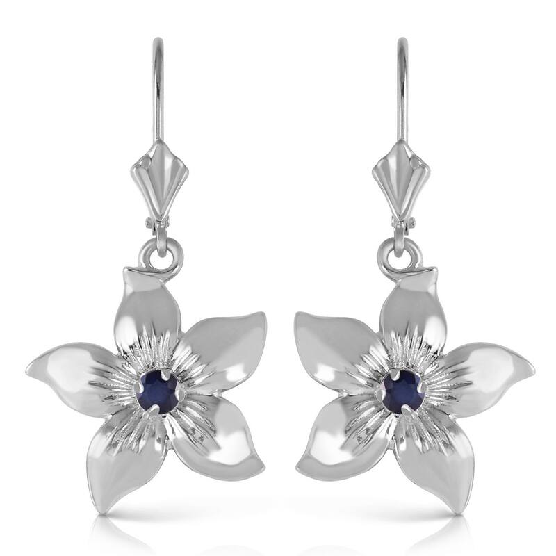 14K Solid Gold Leverback Flowers Gemstone Earrings w/ Sapphires