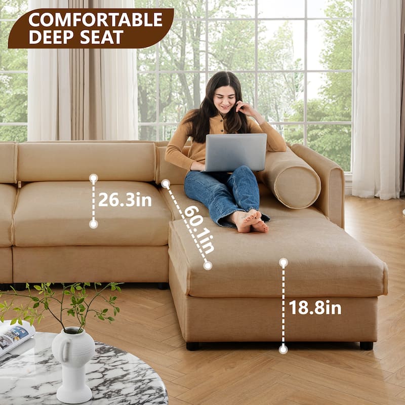Chenille L-Shaped Sofa with Storage, 3-Seater Couch with Ottoman, Cylindrical Backrests & Armrests, Modern Modular Sofa