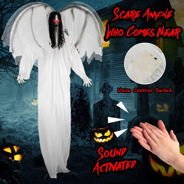 White Metal Fabric Animated Halloween Angel Prop with Wings and Sound