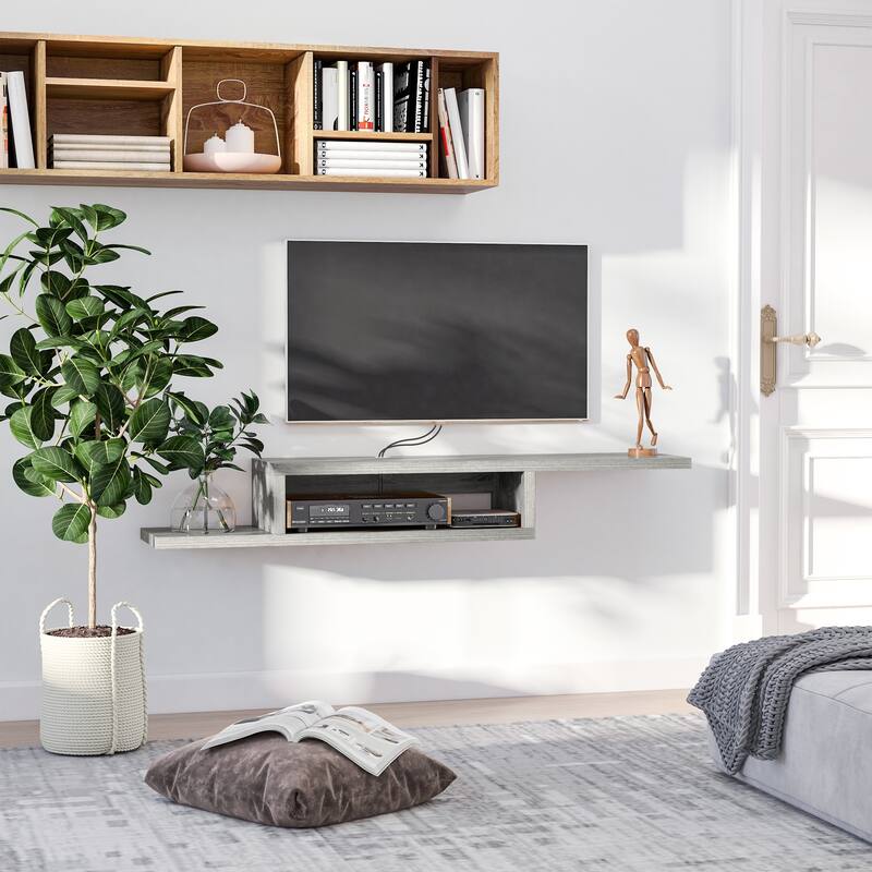 Grey Floating TV Console Wall Mounted Two Tier Asymmetrical Design with Cable Management for Modern Living Room - White
