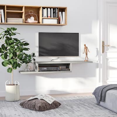Grey Floating TV Console Wall Mounted Two Tier Asymmetrical Design with Cable Management for Modern Living Room