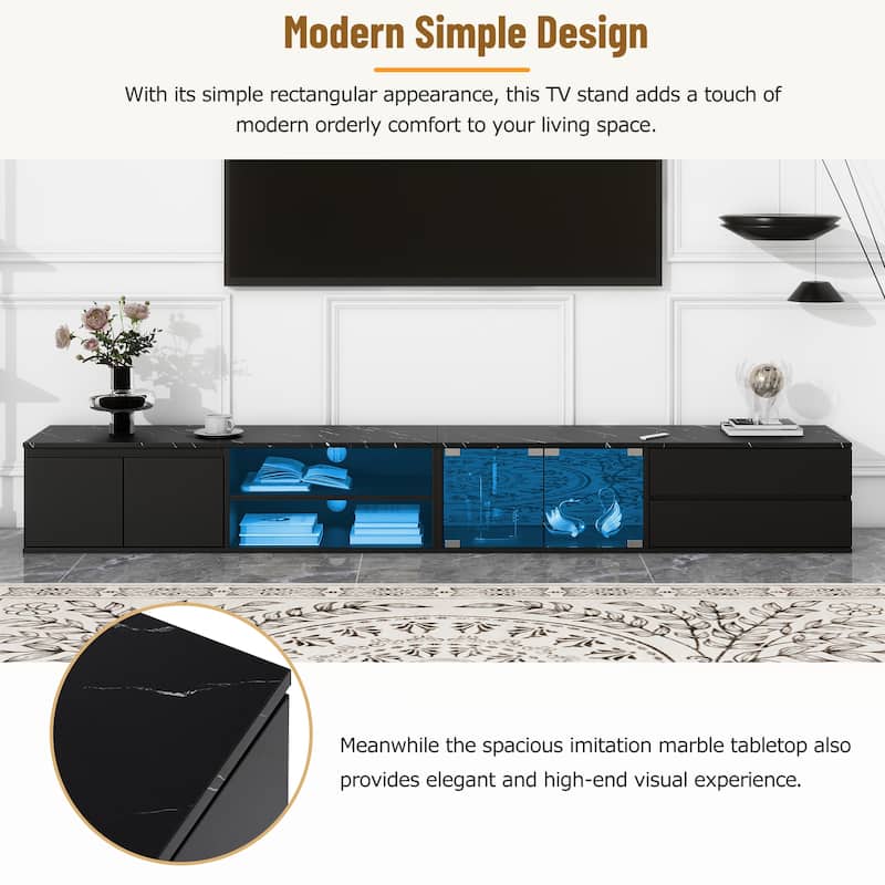 LED TV Stand for TVs Up to 105'', Faux Marble Tabletop TV Console with Glass Doors, Media Center with 2 Drawers & Cabinets