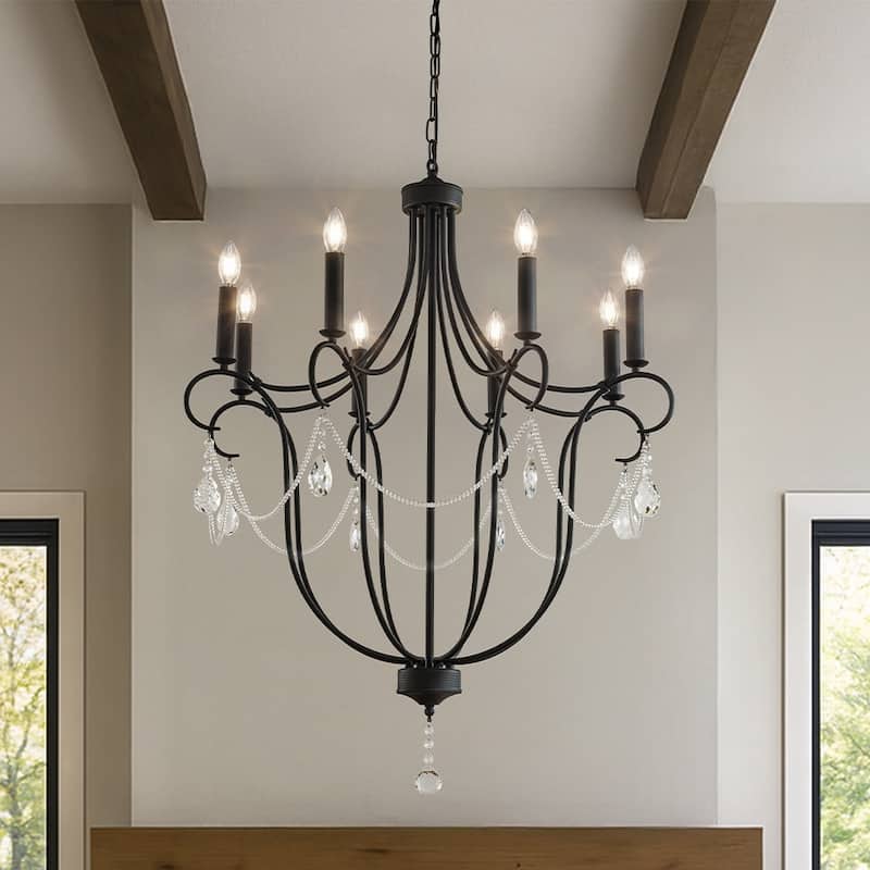 32'' 8-Light Modern Black Mid-Century Modern Candelabra Crystal Chandelier Vintage Candle Pendant Light For Living Room - W32''