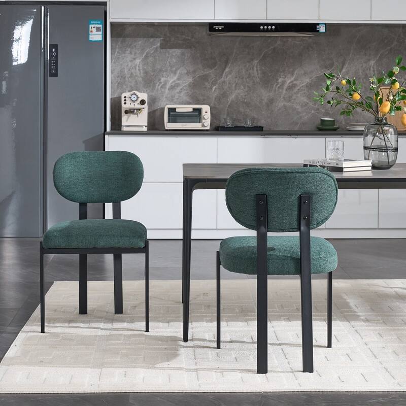 Set of 2 Modern Mid-Century Dining Chairs – Upholstered in Boucle Fabric with Sleek Black Metal Legs, Perfect for Kitchen . - Antique Green,Black