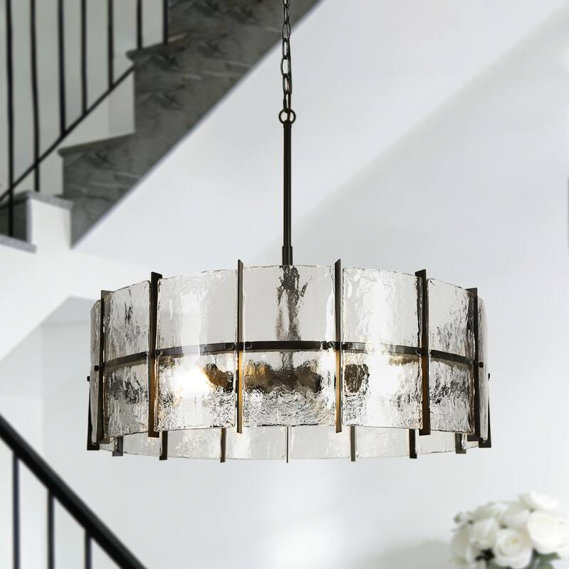 Modern 8-Light Drum Chandelier with Textured Glass Shade For Living Dining Room Foyer - Gray - Dia. 31.5" x H 11"