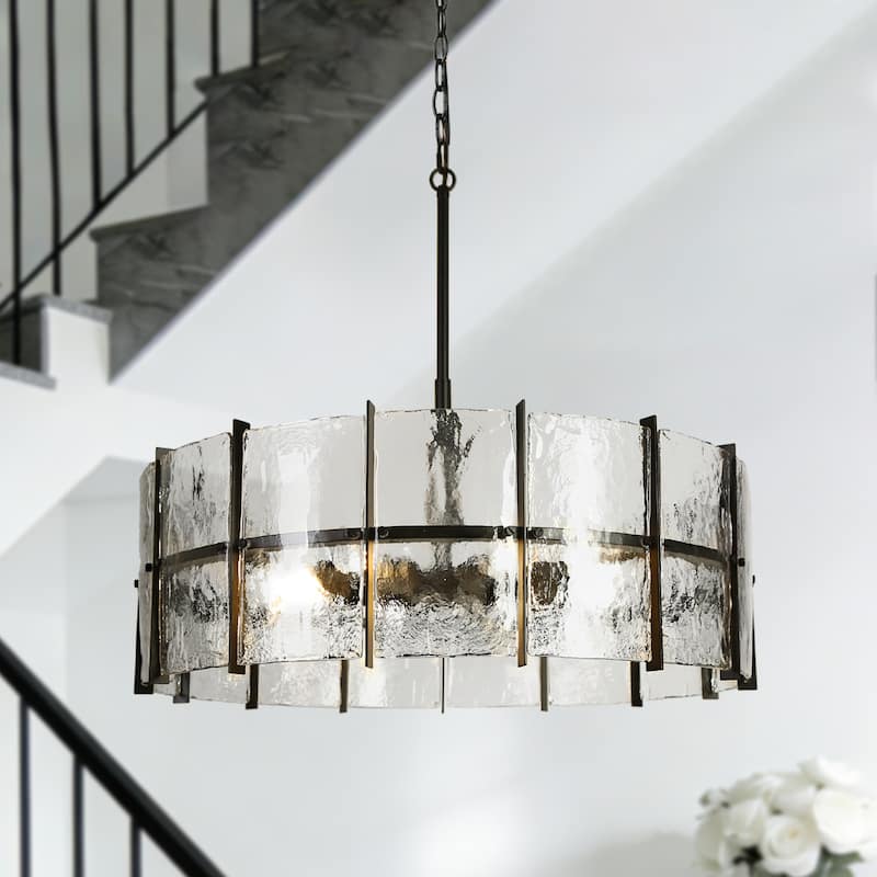 Modern 8-Light Drum Chandelier with Textured Gray Glass Shade For Living Dining Room Foyer - Dia. 31.5" x H 11"