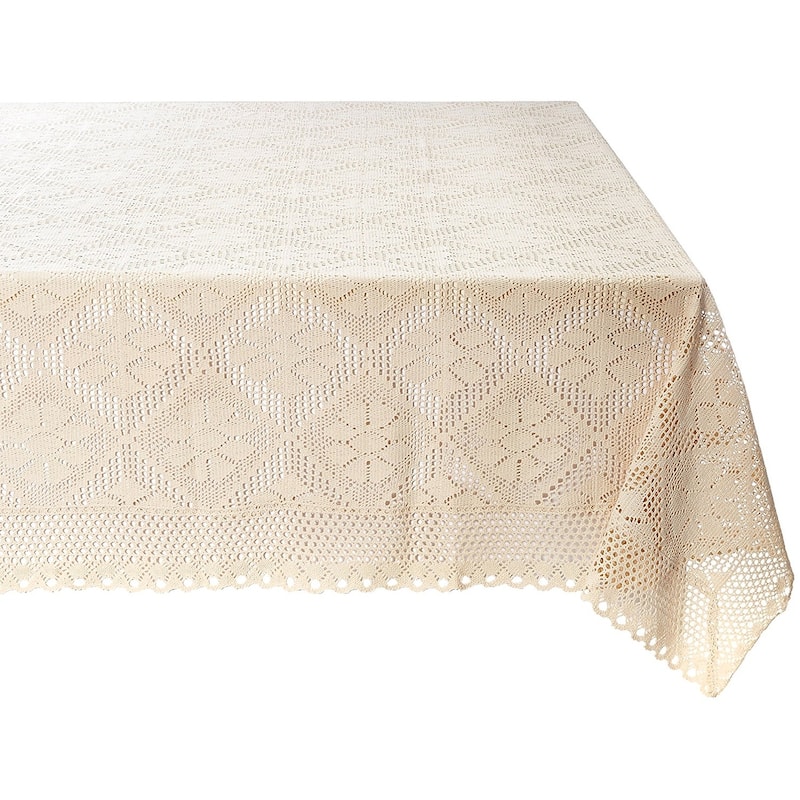 Violet Linen Stars Crochet Vintage Lace Pattern Tablecloth - 60" X 105" - Ivory
