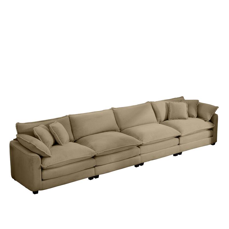 Corduroy Fabric Sectional Sofa Set with Seat Cushions and Pillows, 4 Seater Upholstered Sofa with Removable Armrests