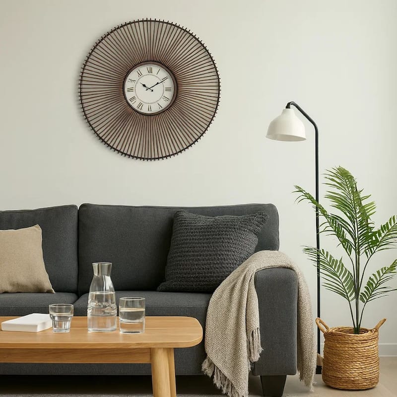 Wall Clock Set of 2 with Metal Fan Guard Design Frame, Brown