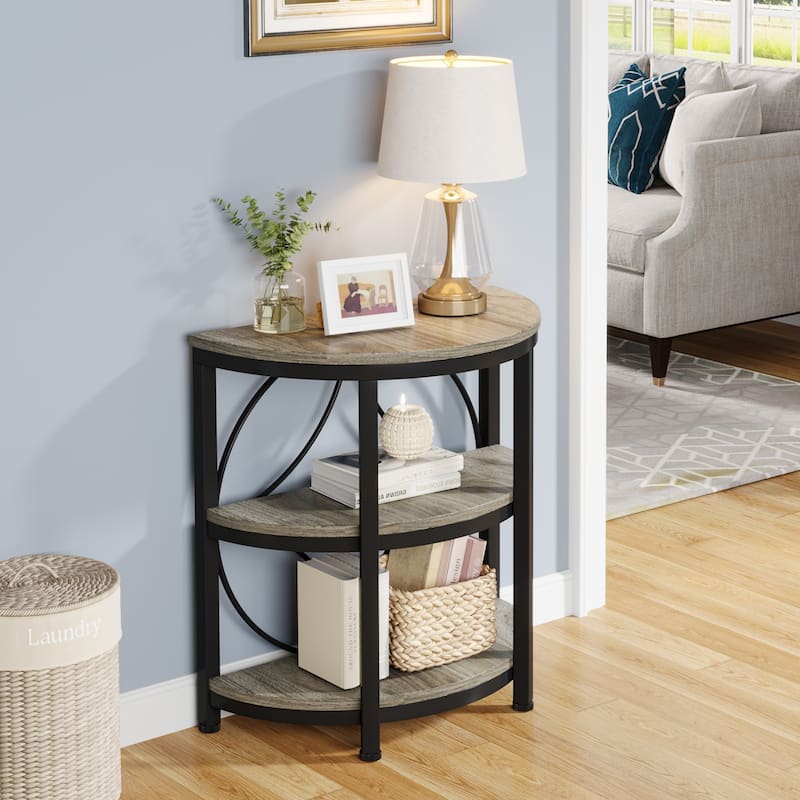 Half Round End Table, 3-Tier Half Side Table with Storage Shelves