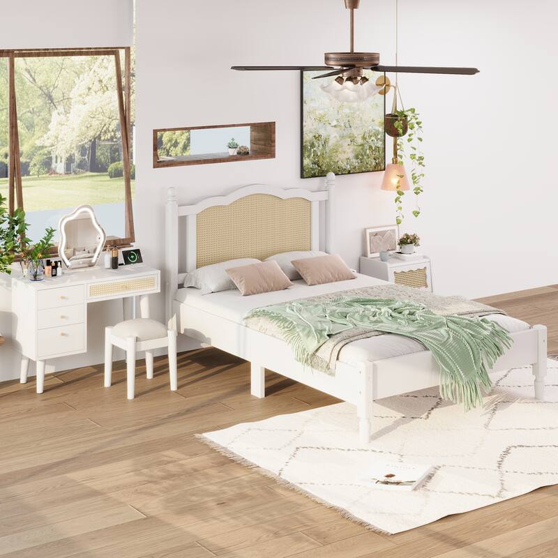 Wooden Platform Bed with Rattan Headboard Curved Wingback Bed Vintage Bed Frame Wood Slat Support Bed with Underbed Storage