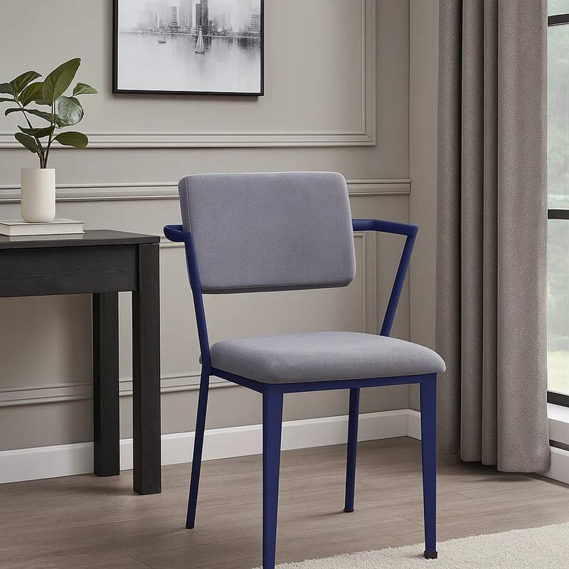 Fabric Upholstered Metal Base Chair with Flared Armrest, Blue and Gray