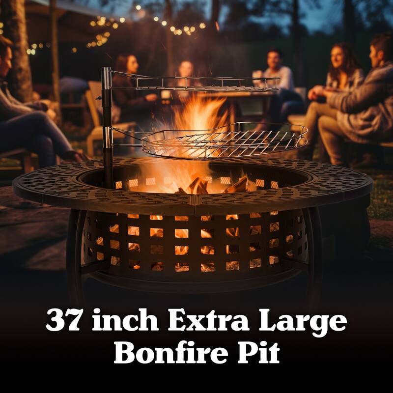 Fire Pit with Grill - 37” Round Fire Table Outdoor Firepit with 2 Grills, Lid, Poker and Cover by Pure Garden