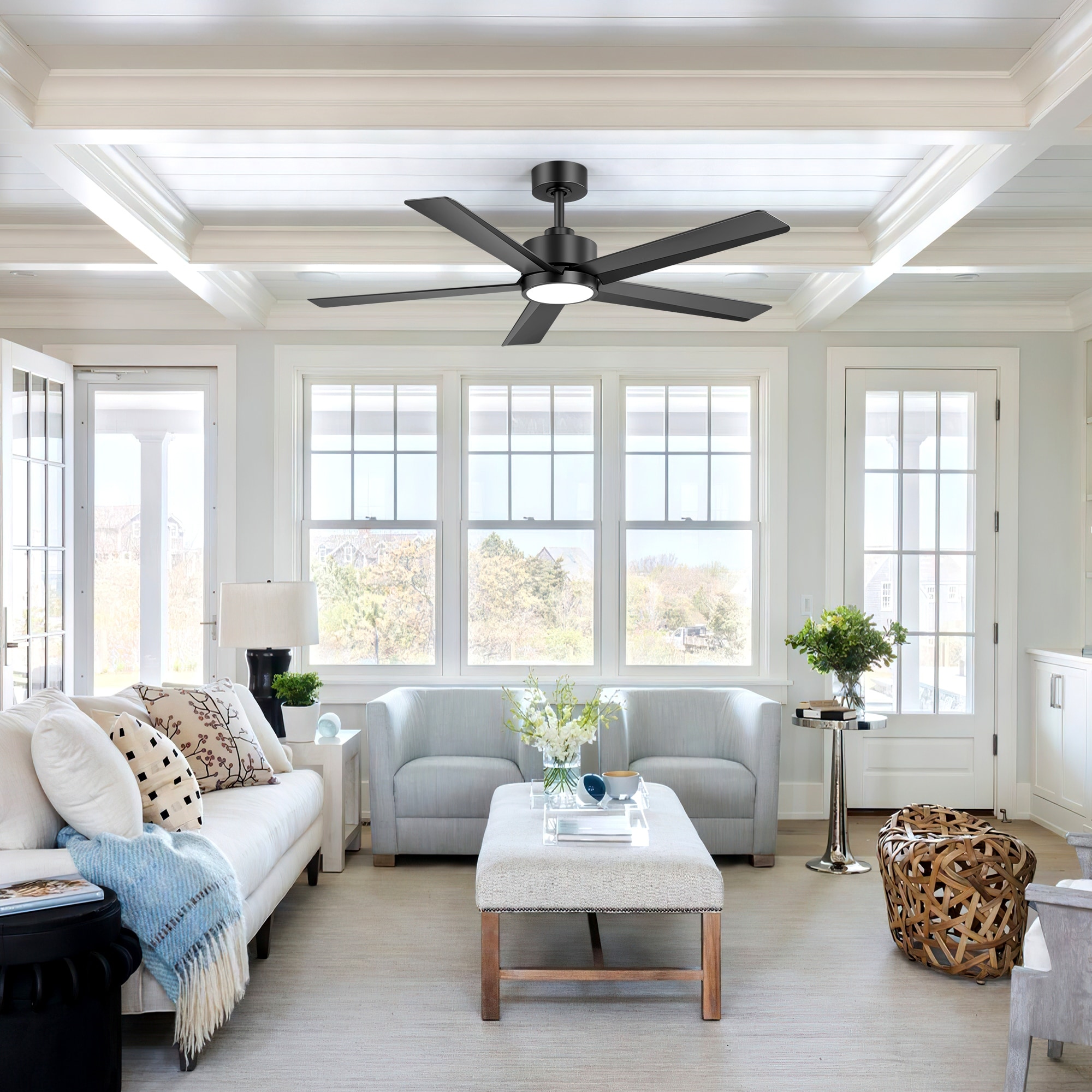Airsurfer 52" LED Ceiling Fan with Light, 5 Blade, 6 Speed, Reversible, Quiet Downrod Mount, Remote Control
