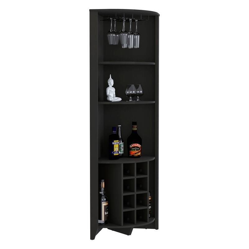 Modern Corner Bar Cabinet with 8 Wine Storage Racks, 3 Shelves, and Side Storage Shelves
