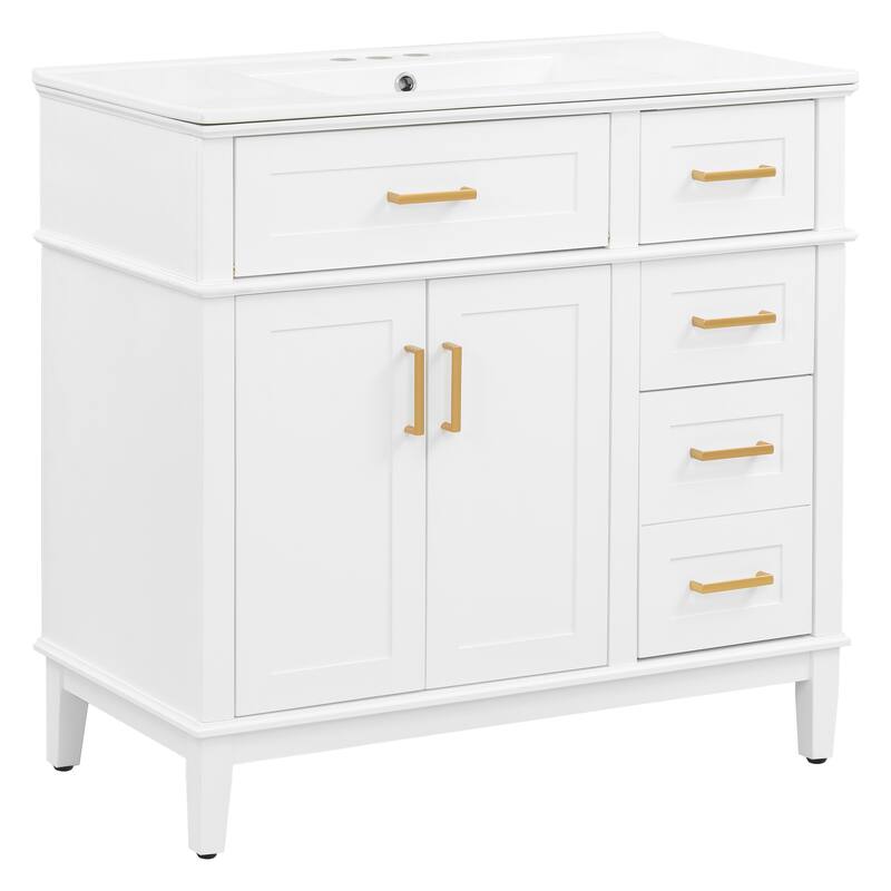 GDFStudio - Elysia 36" Bathroom Vanity with Ceramic Sink, Soft-Close Doors & 4 Drawers