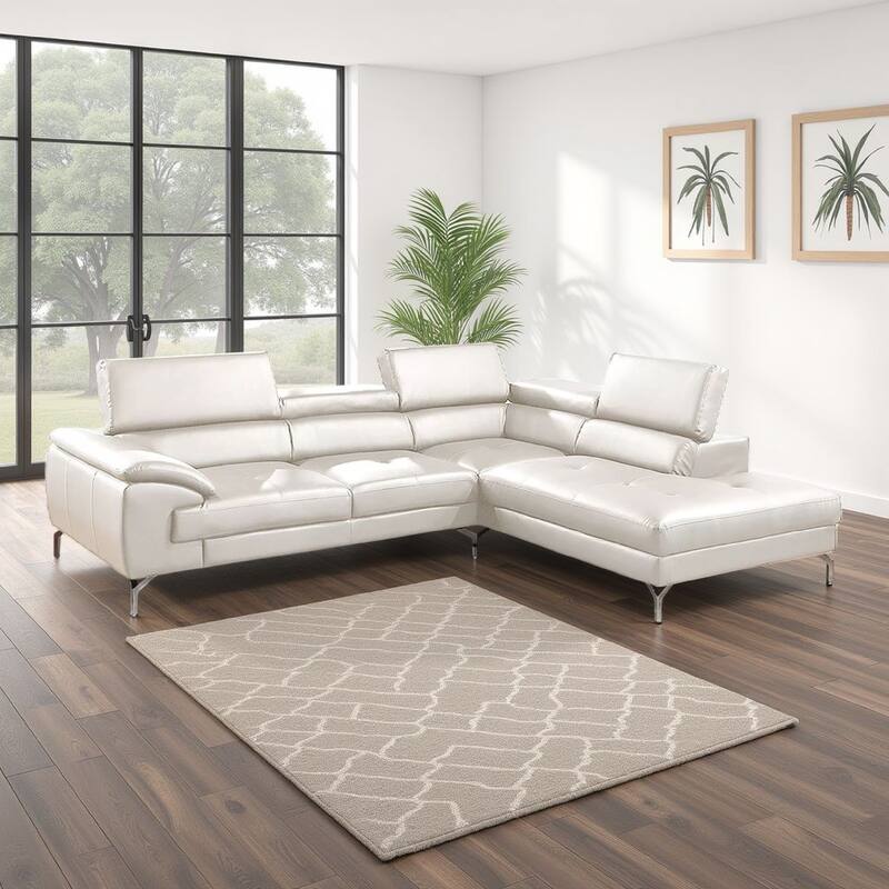 Doel 2pc Sectional Sofa Set w Right Facing Chaise, White Faux Leather
