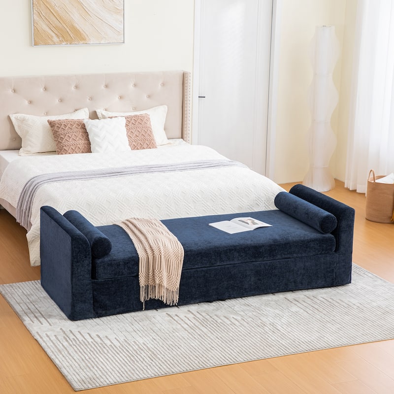 90.6''W Chenille End of Bed Bench With 2 Bolster Pillows,Chaise Lounge,Entryways Bench - Navy