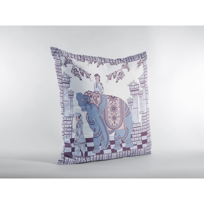 18" Blue Purple Ornate Elephant Zippered Suede Throw Pillow