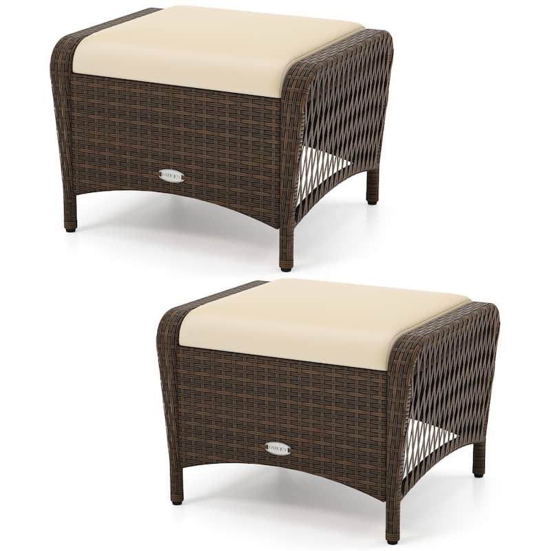 Gymax 2 Pieces Outdoor Patio PE Wicker Ottomans w/ Removable Cushions