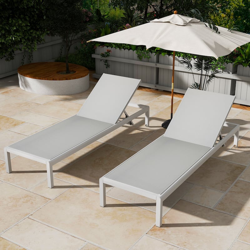 Roomfitters Outdoor Reclining Chaise Lounge Chairs, Set of 2, Adjustable Aluminum Frame, White - White